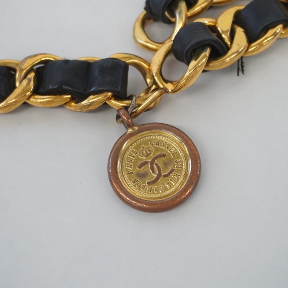 Auth Chanel Belt Chain Belt Gold Metal Fittings Women's Leather Chain Belt Black - Picture 4 of 11